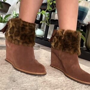 Kate Spade Brown Suede Wedges with Leopard Fur